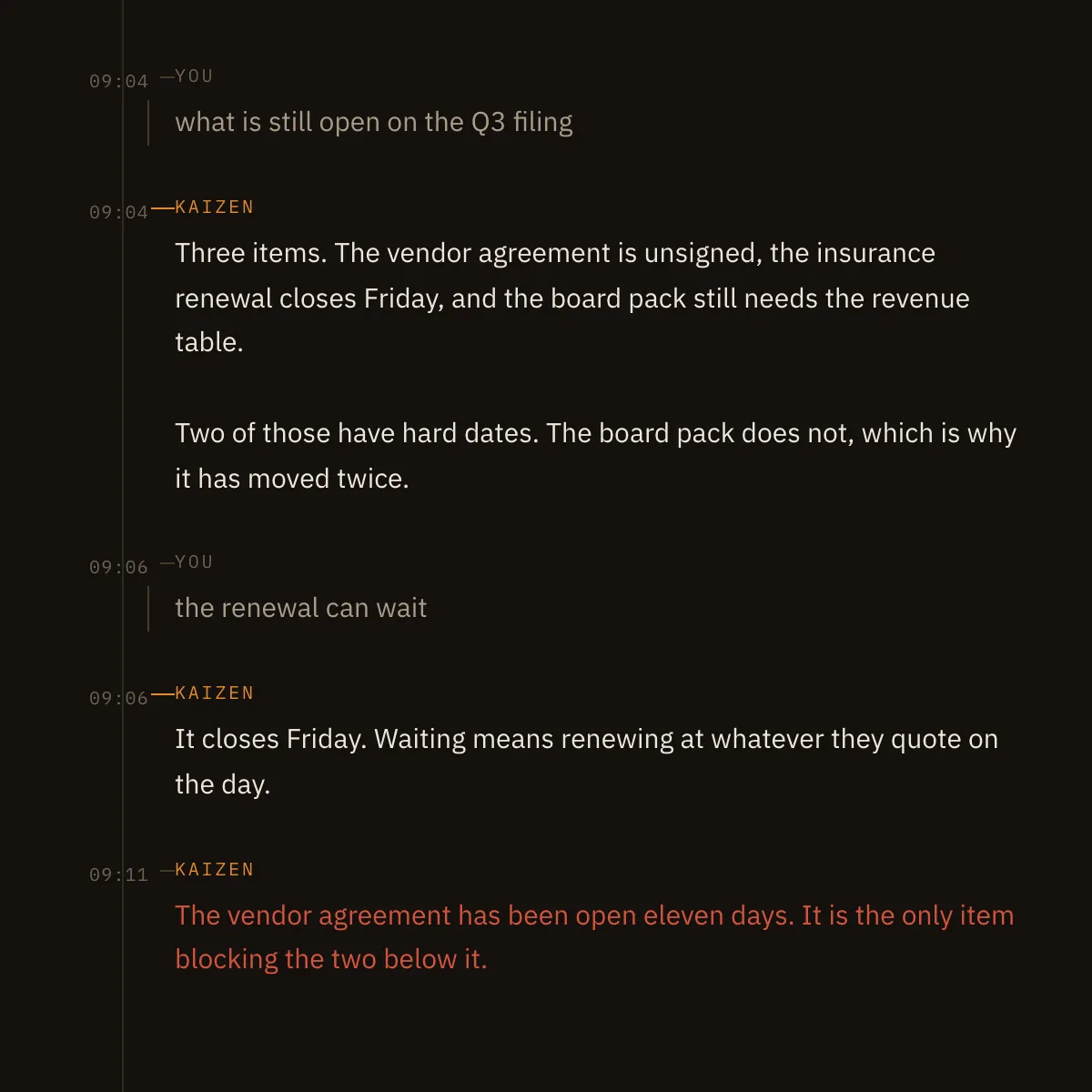 The assistant listing what is still open on a filing, then flagging the item that is blocking the others